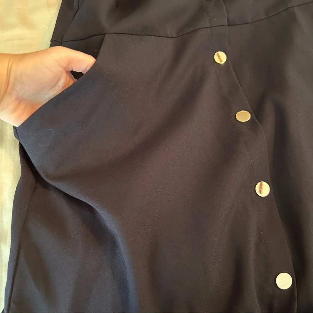 Loft Womens 14 Navy Blue Gold Button Front Zip Back Sleeveless Ruffle Hem Dress - Picture 5 of 10